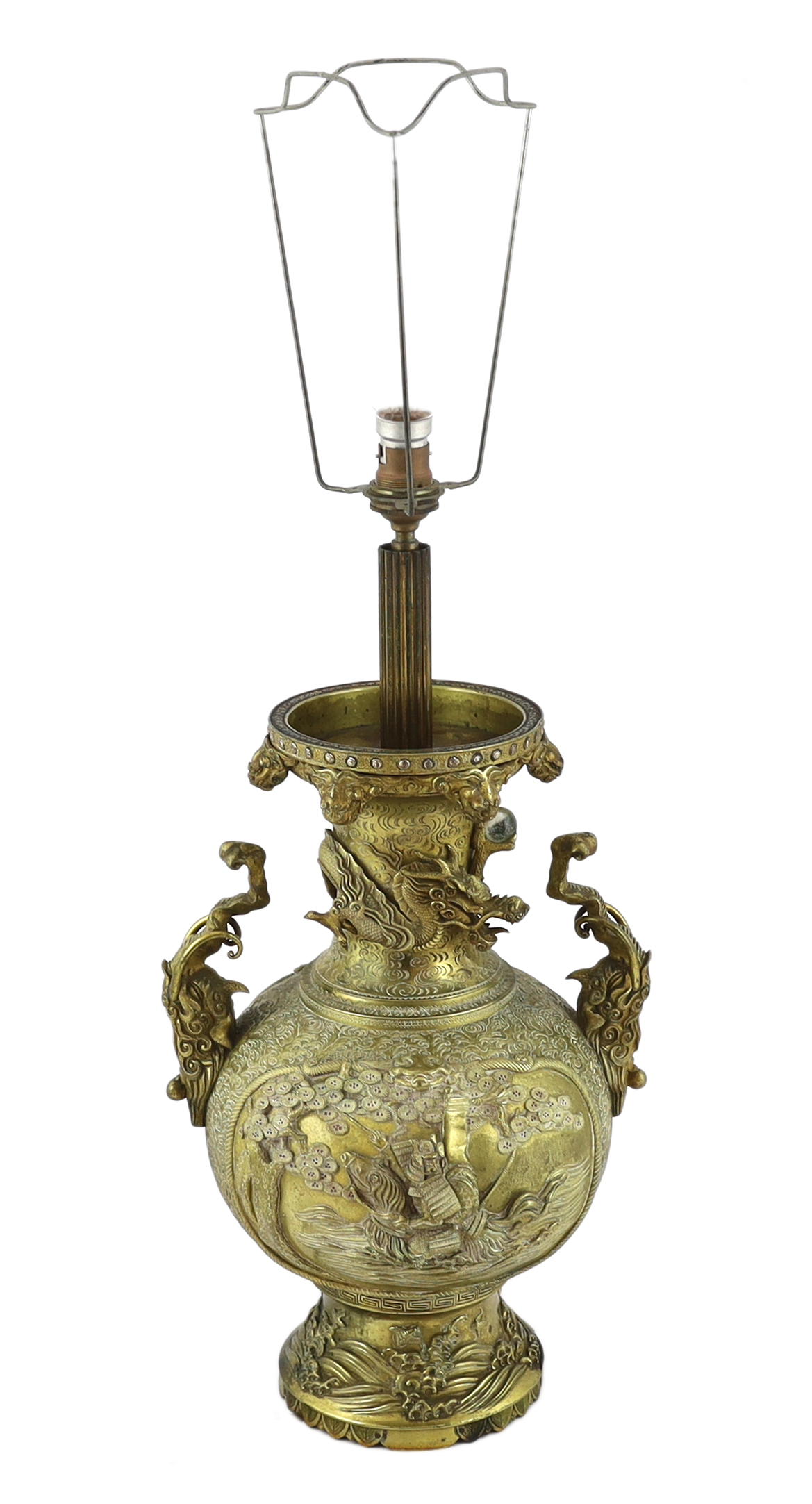 A Japanese gilt bronze 'Samurai' vase, early 20th century, later mounted as a lamp, repairs to base